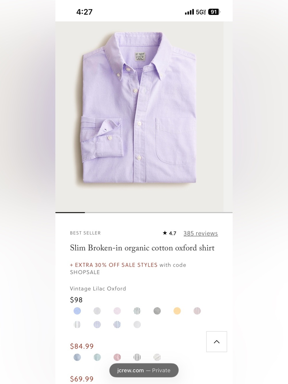 Slim Broken-In Organic Oxford Shirt - Vintage Lilac JCrew medium